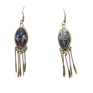 Vintage Mexican Alpaca Silver Dangle Earrings Lapis Lazuli Purple Abalone Inlay